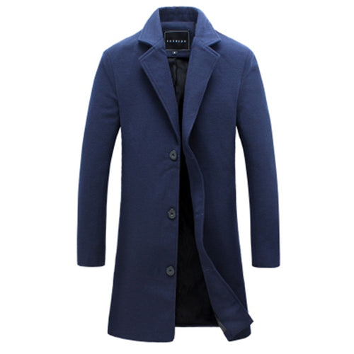 New Fashion Men Solid Color Single Breasted Long Trench Coat